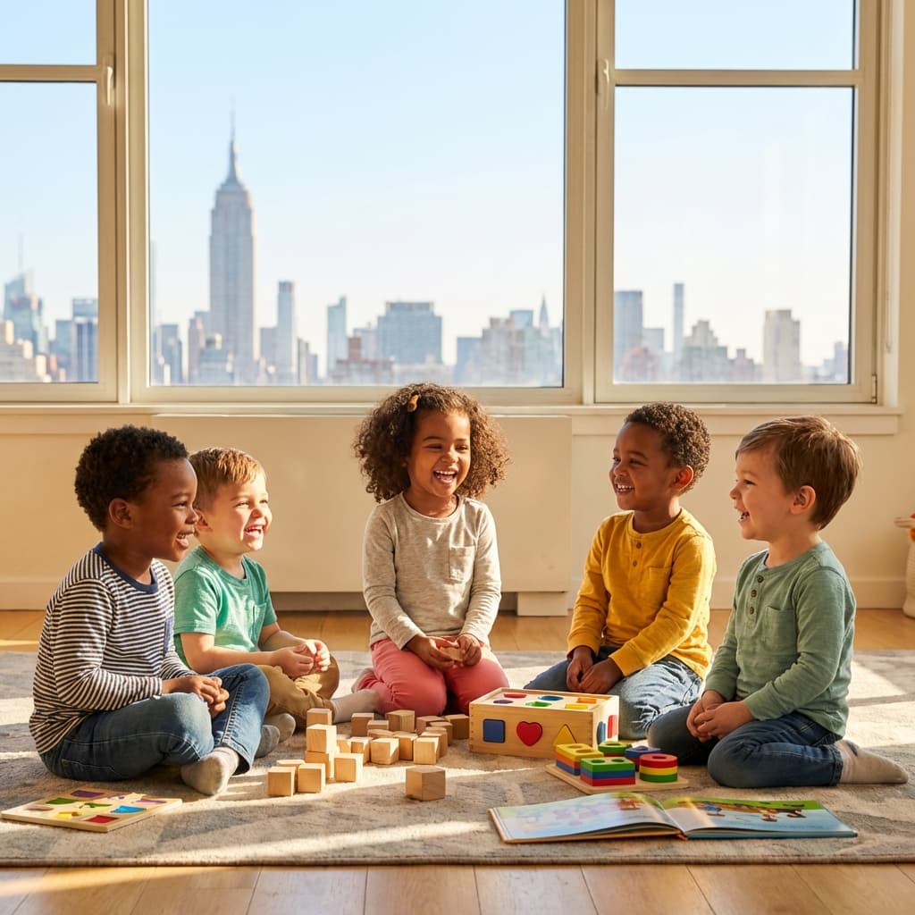 Happy diverse children playing in NYC